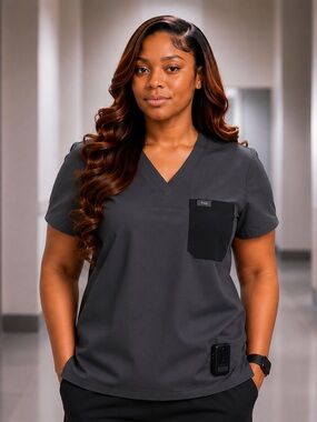 Figs catarina one pocket Scrub Top in Charcoal with Black Pocket